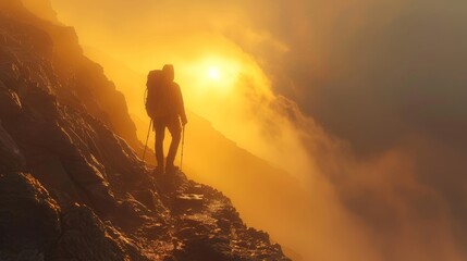 A man is hiking up a mountain with a backpack. The sun is setting in the background, casting a warm glow over the scene. The atmosphere is serene and peaceful