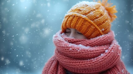   A tight shot of an individual donning a scarf and a hat adorned with a pom-pom
