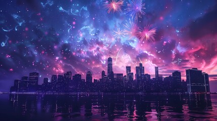 A city skyline is reflected in the water, with a bright purple sky in the background. The city is lit up with fireworks, creating a festive and lively atmosphere - obrazy, fototapety, plakaty