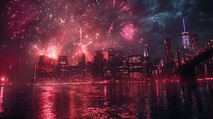 A city skyline with fireworks in the background. The fireworks are red and the sky is dark. Scene is festive and celebratory