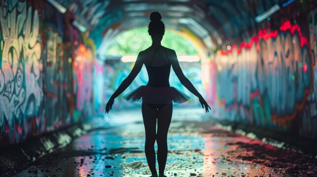 A woman in a black dress is dancing in a tunnel with graffiti on the walls. Scene is mysterious and artistic, as the woman's silhouette contrasts with the colorful graffiti