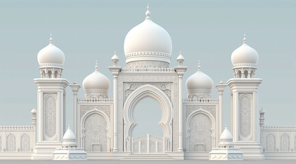 White islamic gate in the form of a mosque with a round dome. Mosque building on white background