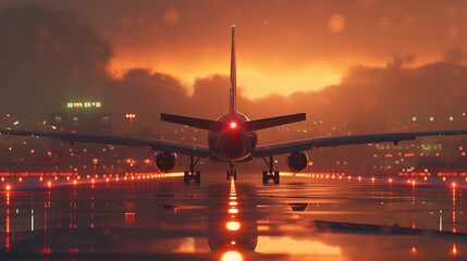 a visually stunning AI illustration of an airplane gracefully landing on an airport runway, with post-production enhancements that add a cinematic quality to the scene attractive look