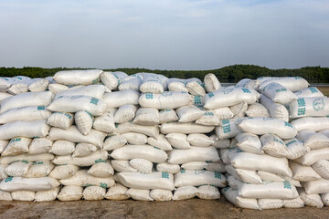 Bags of sea salt in the Saloum river delta, Senegal