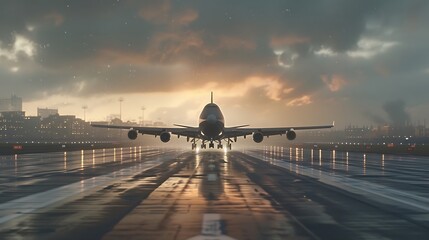 a visually stunning AI illustration of an airplane gracefully landing on an airport runway, with...