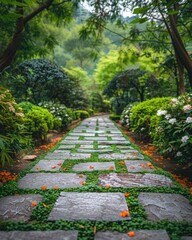 A charming stone path meanders through a vibrant garden of blooming tulips and lush foliage, inviting a tranquil walk.

