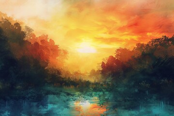   A sunset painting over a body of water, featuring trees in the foreground and clouds in the background