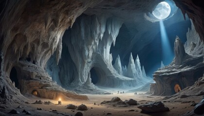 An expansive lunar cavern with adventurers exploring its vastness, illuminated by the light of a celestial body above. AI Generation - obrazy, fototapety, plakaty