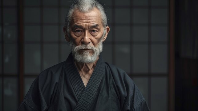 Portrait of sensei master with black sensei belt in taekwondo kimono with sword katana on black background. Traditional samurai hakama kimono.