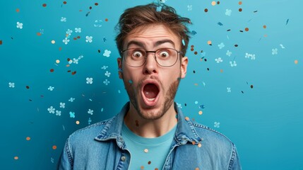 A funny scene of a surprised man suddenly showered with falling four-leaf clovers, - obrazy, fototapety, plakaty