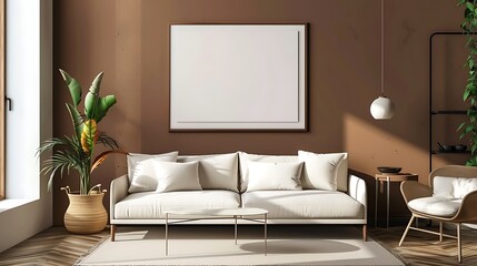 a visually stunning AI image wall for a contemporary living room, with a brown background, mockup frame, and a solo sofa attractive look