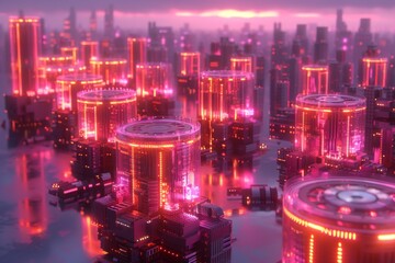 Obraz premium Neon lights casting a hi-tech aura over digital gears and wheels, futuristic vision embodied