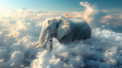 Huge elephant floating or flying hanging from balloons with sky and clouds background. - obrazy, fototapety, plakaty