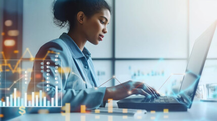 Businesswoman Analyzing Financial Data on Laptop