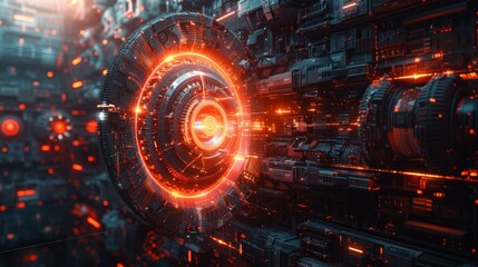 Obraz premium Digital innovation through gears and wheels under the neon glow, a hi-tech futuristic concept