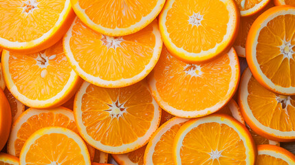 Full frame of sliced oranges filling the image, highlighting the juicy texture and vibrant color