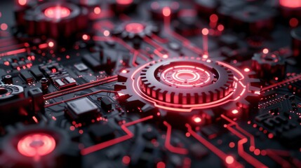 Fototapeta premium Digital innovation through gears and wheels under the neon glow, a hi-tech futuristic concept