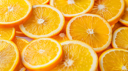 Full frame of sliced oranges filling the image, highlighting the juicy texture and vibrant color