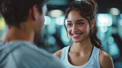 fitness, sport, exercising and diet concept - smiling young woman and personal trainer with clipboard writing exercise plan in gym - Powered by Adobe