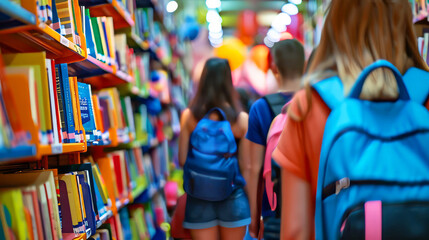 Students browsing books in colorful bookstore with back-to-school sale display