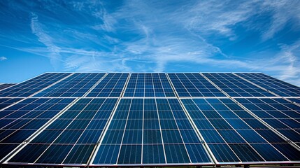 Obraz premium Cose-up view on solar power plant panel on beautiful blue sky