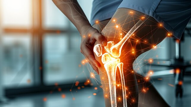 Doctor inject hyaluronic acid platelet rich plasma into the knee of young woman to walk without pain