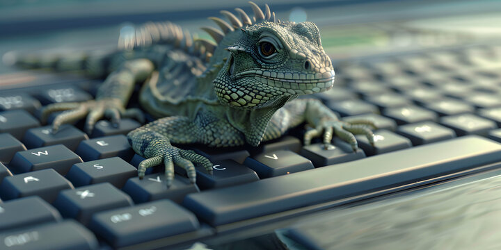 national animal of Sao Tome and Principe sits on a laptop and works on it,Side view of iguana in dark background.
