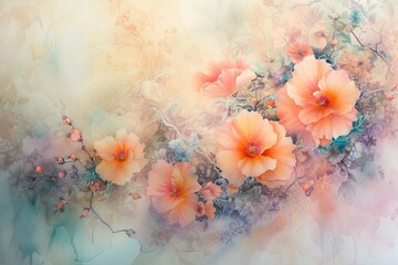   A painting of a bouquet of flowers against a white and blue background Pink and orange blossoms are situated to the left - obrazy, fototapety, plakaty