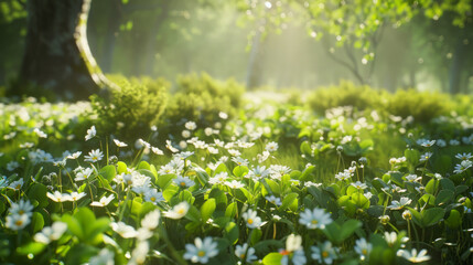 Vibrant White Wildflowers Illuminated by Sunbeams in a Lush Spring Forest