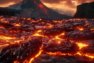 A mesmerizing flow of lava its surface crackling with heat as it journeys across the landscape a spectacle of natural wonder