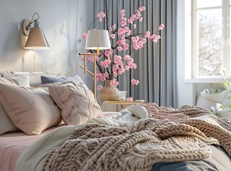 The bedroom is decorated in gray, blue and pink tones with an accent of beige color