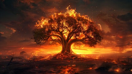 A towering tree its leafy branches engulfed in flames stands as a testament to the fiery beauty of nature ablaze and bright - obrazy, fototapety, plakaty