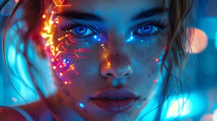 Cybernetically Enhanced Woman in Futuristic Cityscape with Piercing Blue Eyes and Glowing Metallic Implants