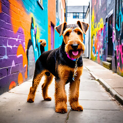 Airedale Terrier dog exploring a vibrant urban street art alley with colorful graffiti murals and...