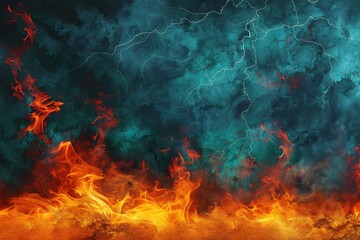 Abstract landscape of hot fire and electric lightning clashing in a dance of primal forces vibrant colors