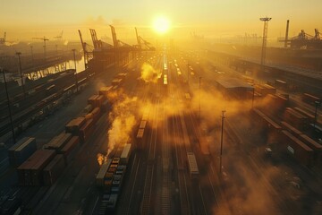 Sunrise over a busy cargo terminal with trains and containers