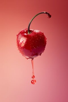 A solitary cherry with a long stem is suspended in the air, covered in tiny juice droplets against a gradient pink backdrop