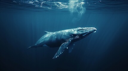 Blue whale dive in deep Ocean - obrazy, fototapety, plakaty