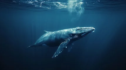 Gordijnen Blue whale dive in deep Ocean © Nataliya