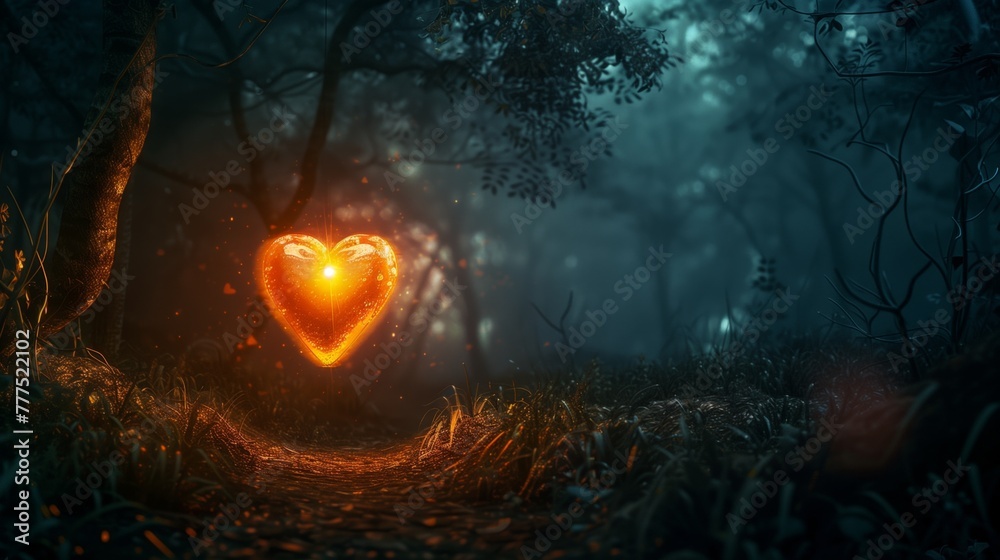 Sticker Mystical glowing heart in an atmospheric foggy forest setting