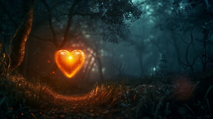 Mystical glowing heart in an atmospheric foggy forest setting