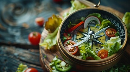 Compass filled with fresh salad ingredients on a wooden backdrop - obrazy, fototapety, plakaty