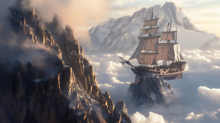 misty morning in the mountains, with ship and cloud