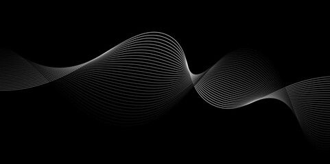 Abstract white smooth wave on a black background.black and white wavy stripes background,Curved smooth lines created using bend tool. Abstract design.Digital future technology concept. vector illustra