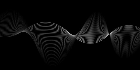 Abstract white smooth wave on a black background.black and white wavy stripes background,Curved smooth lines created using bend tool. Abstract design.Digital future technology concept. vector illustra