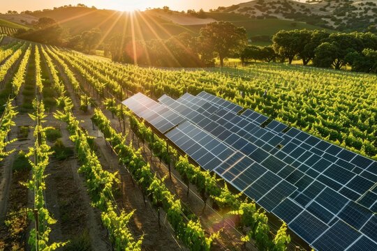 Aerial view of lush vineyard integrating solar panels at sunset