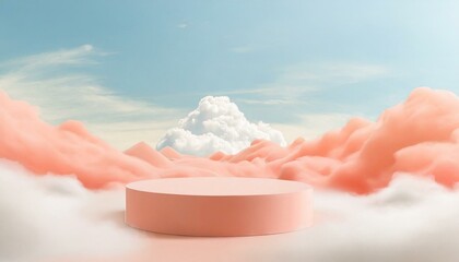 Cloud background podium red 3d product sky white display platform render abstract stage pastel scene. 