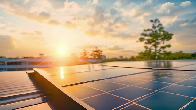 A dull grey power grid fades out of view being rep by a vibrant sunlightsoaked solar panel on a rooftop. . .