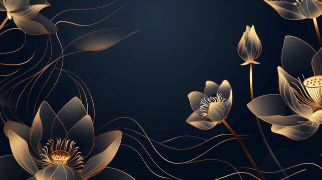 Golden lotus flower line art design. Lotus flowers design for wallpaper, natural wall art, banners, prints, invitations, and packaging design. Modern illustration.