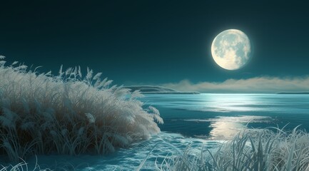   A full moon painting over a tranquil body of water, adorned with reeds and lush grass in the foreground - obrazy, fototapety, plakaty